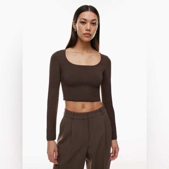 Babaton Tops - Aritzia Babaton Sculpt Knit Prominence Crop Long Sleeve Brown Top Small